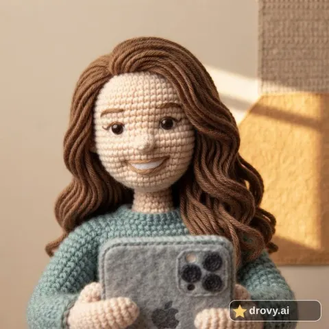 Después: la misma selfie convertida en un muñeco amigurumi tejido a crochet, con pelo ondulado de lana, la misma pose y un fondo con textura de lana (filtro crochet con IA, marca de agua de drovy.ai)