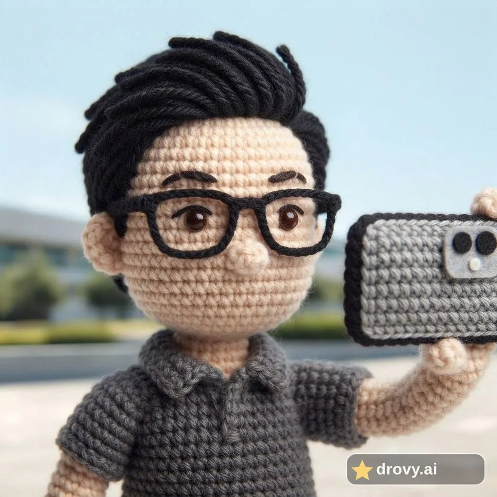 After: the same man as a crocheted amigurumi doll with glasses and a felt outdoor background (AI crochet filter)