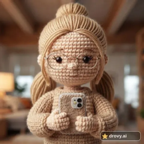 Después: la misma joven como muñeca amigurumi de lana con trenzas de lana, un celular diminuto de fieltro y unos lentecitos de alambre, en una sala tejida a crochet (filtro crochet con IA)