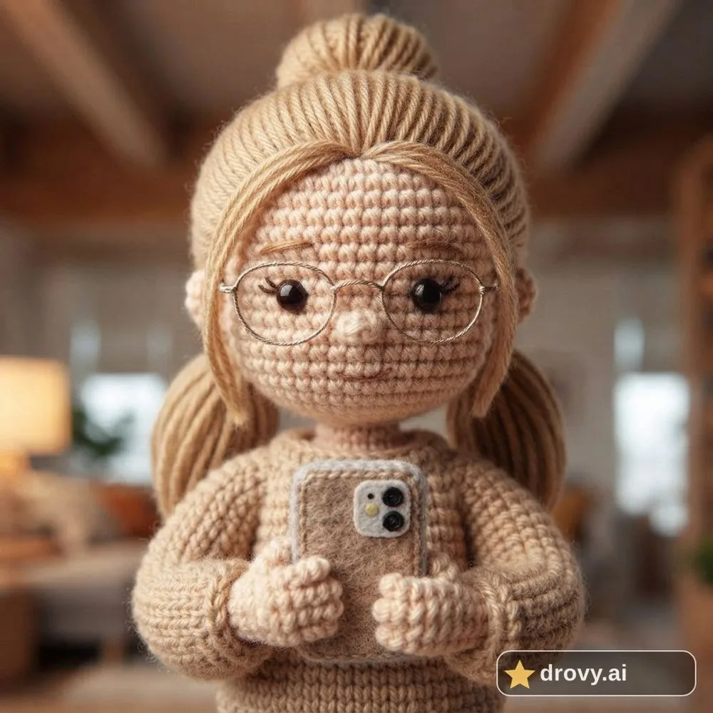 After: the same woman as a yarn amigurumi doll with yarn pigtails, a tiny felt phone and little wire glasses, in a crocheted living room (AI crochet filter)