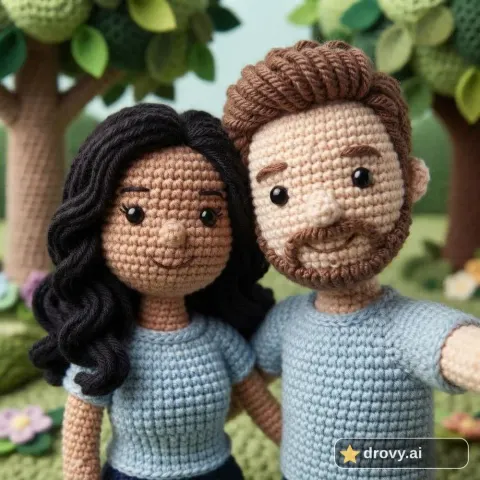 Después: la misma pareja como dos muñecos tejidos a crochet mejilla con mejilla, con el parque rehecho en lana y fieltro (filtro crochet con IA)