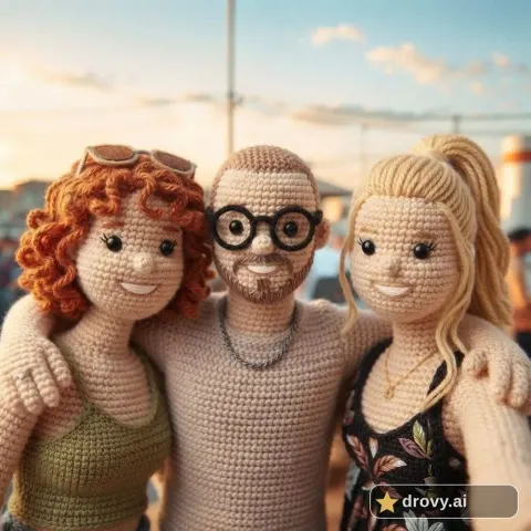Después: los tres amigos como muñecos de lana con los mismos peinados, abrazados (filtro crochet con IA)