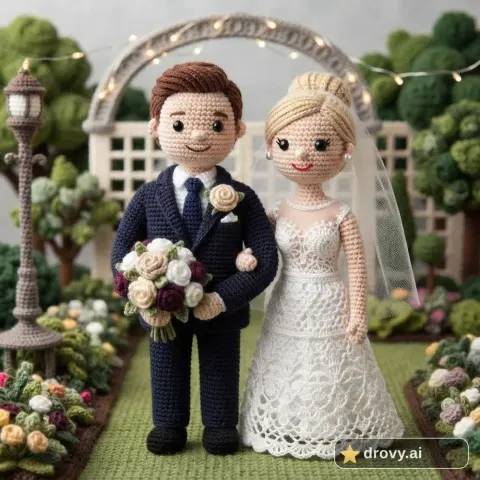 Después: los novios como muñecos amigurumi tejidos, con el vestido de encaje, el traje y el ramo en lana y fieltro (filtro crochet con IA)