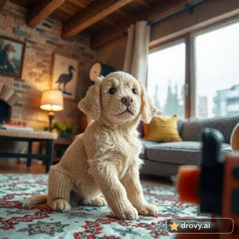 Después: el mismo cachorro como un perrito amigurumi tejido sobre una alfombra de lana (filtro crochet con IA)