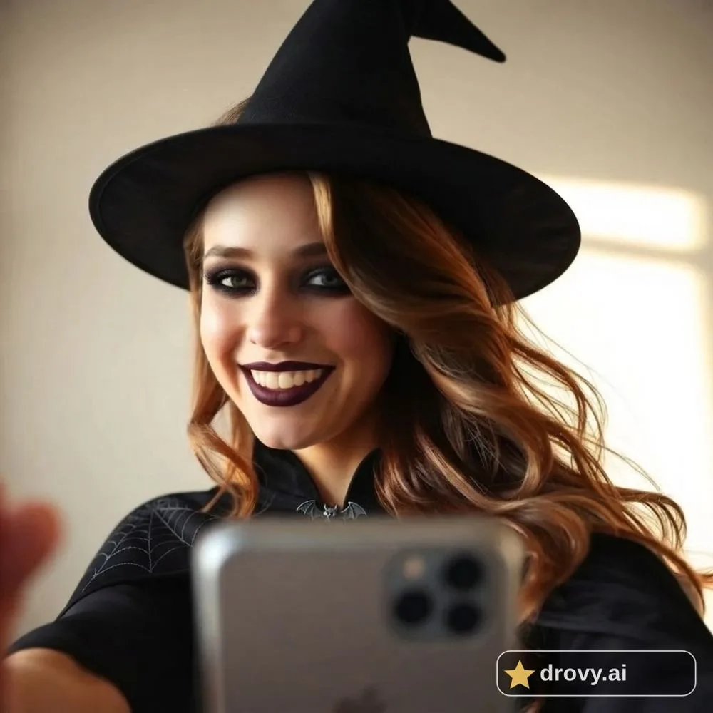 After: the same woman as a witch, pointed black hat, dark cloak and smoky Halloween makeup, same background (AI Halloween costume, witch option, drovy.ai watermark)