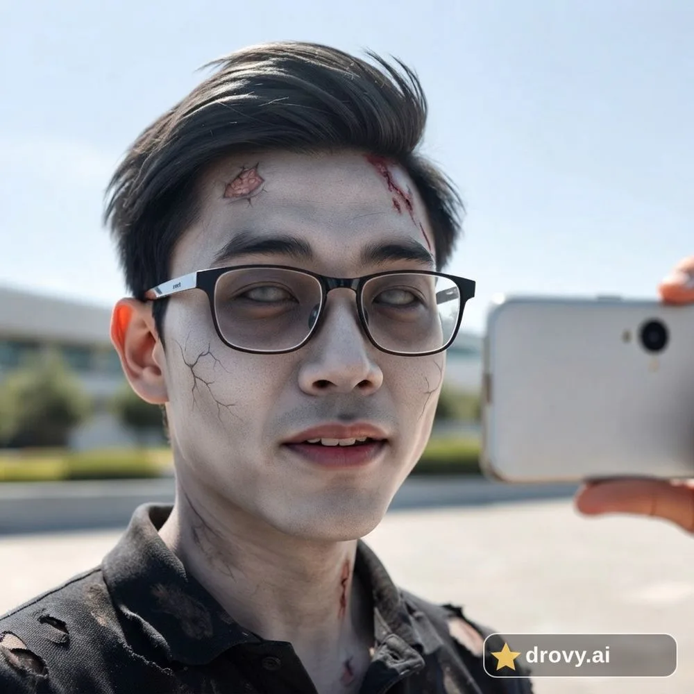 After: the same man with zombie makeup, pale grey skin, dark hollow eyes and torn clothing, glasses and background kept (AI Halloween costume, zombie option)