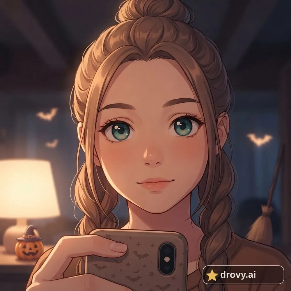 After: the same woman redrawn as her own anime character with a small Halloween touch, braids and window light kept (AI Halloween costume, anime option)