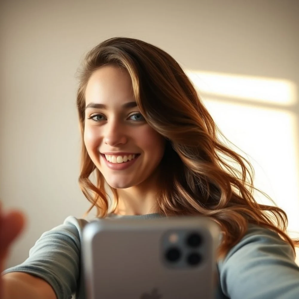 Before: phone selfie of a smiling young woman with long wavy light-brown hair