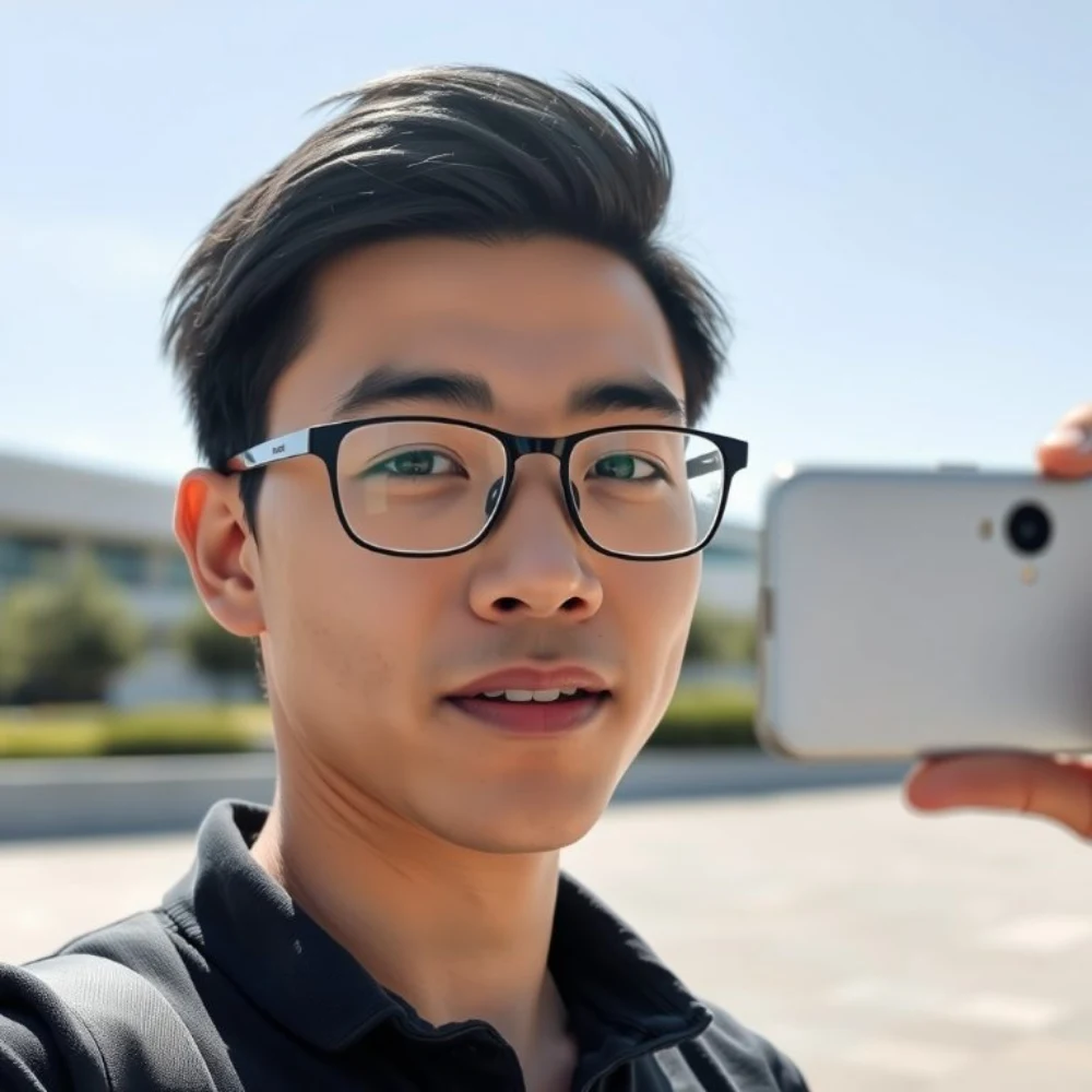 Before: outdoor selfie of a smiling young man with short dark hair and glasses