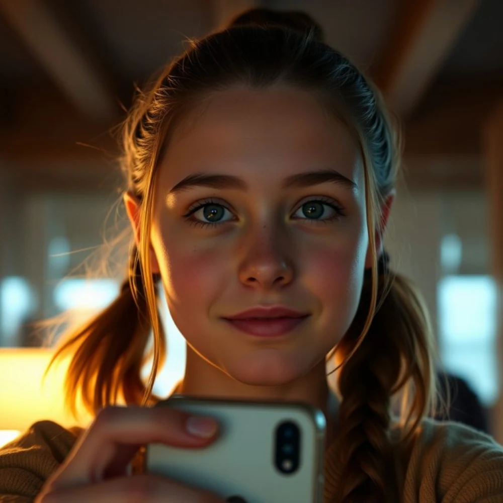 Before: indoor selfie of a young woman with light-brown braided pigtails in warm window light