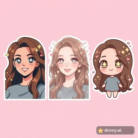 After: anime lookalike sticker sheet of the same woman drawn in three anime styles with glossy star eyes (drovy.ai watermark)