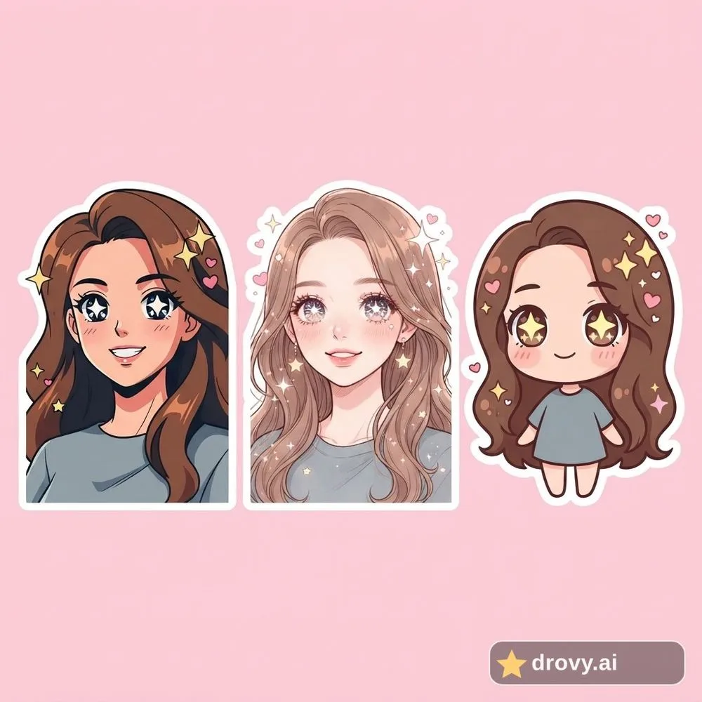 After: anime lookalike sticker sheet of the same woman drawn in three anime styles with glossy star eyes (drovy.ai watermark)