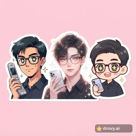 After: the same man as an anime character in three art styles, glasses kept, star eyes