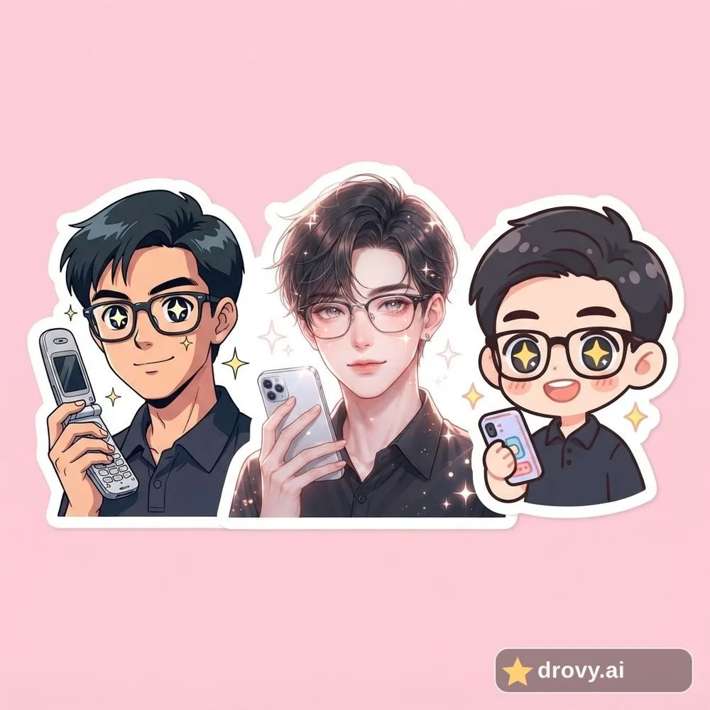 After: the same man as an anime character in three art styles, glasses kept, star eyes