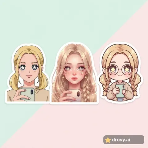 After: anime twin sticker sheet of the same woman in three anime styles with sparkle star eyes (drovy.ai watermark)