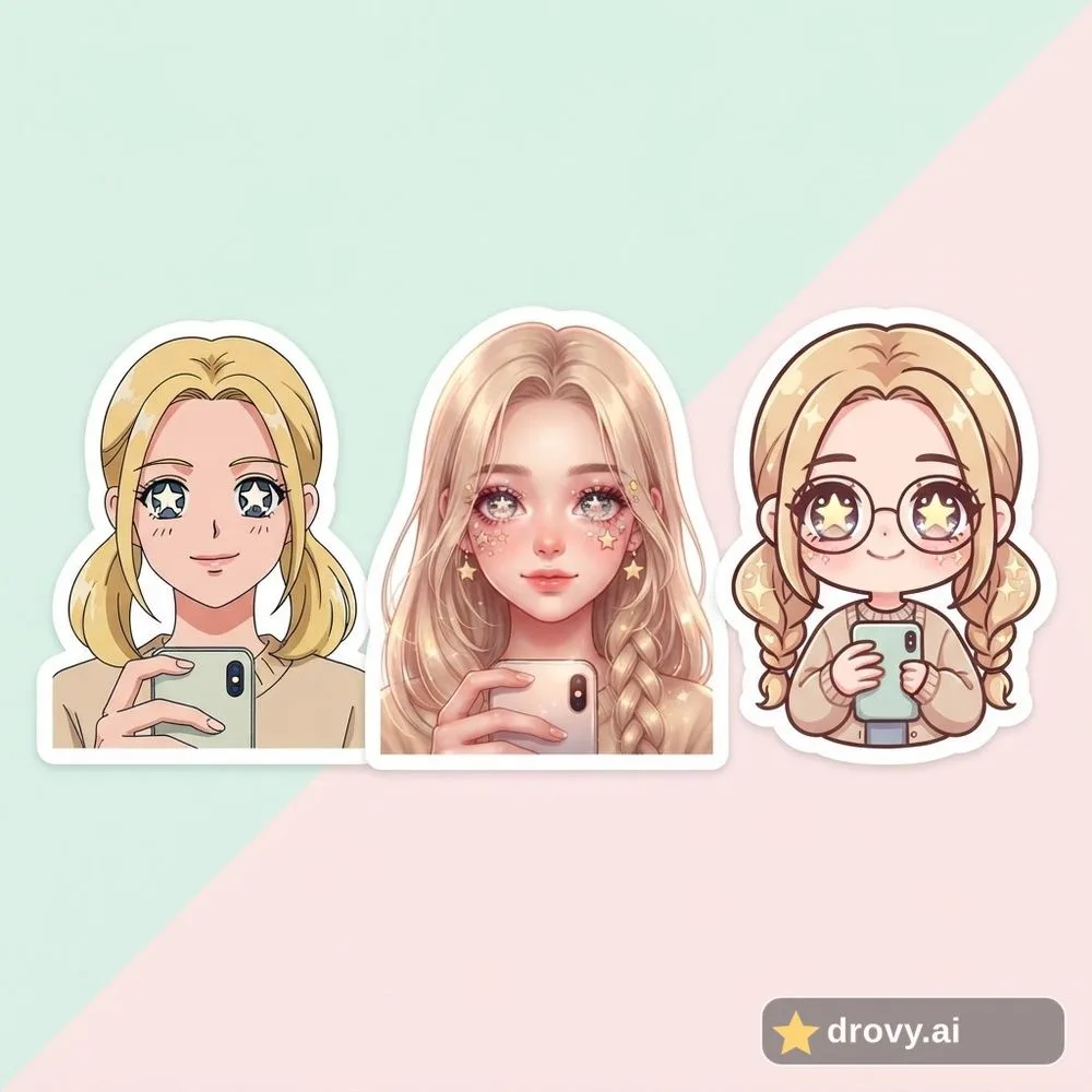 After: anime twin sticker sheet of the same woman in three anime styles with sparkle star eyes (drovy.ai watermark)