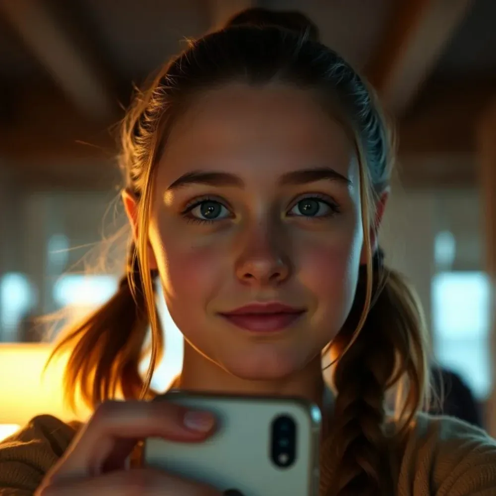 Before: indoor selfie of a young woman with light-brown braided pigtails in warm window light