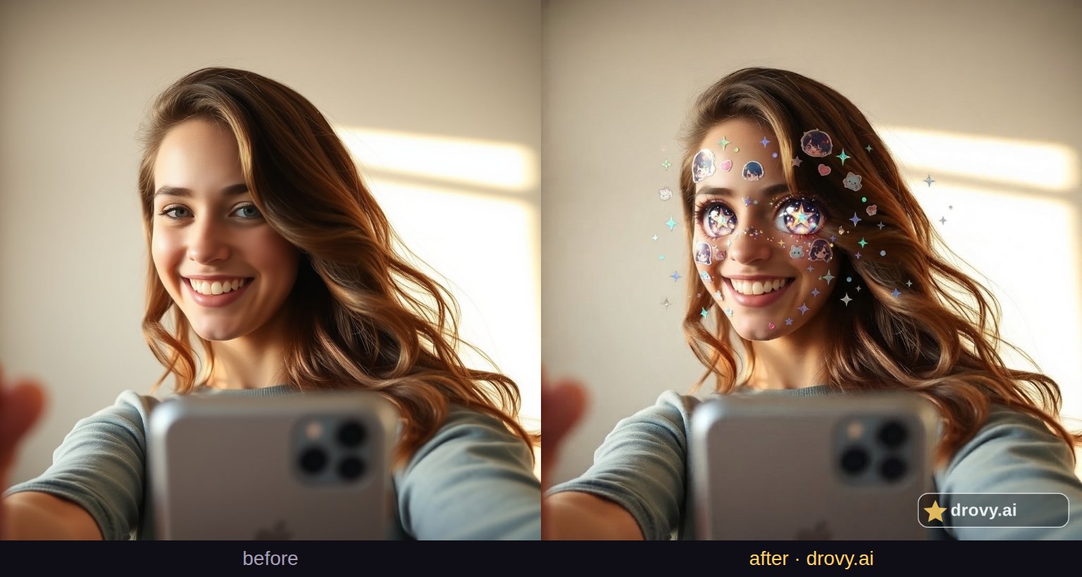 Anime Star Face & Eye Sticker Selfie before and after, example 1