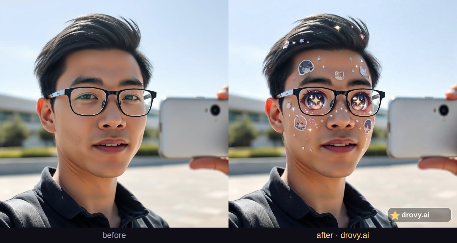 Anime Star Face & Eye Sticker Selfie before and after, example 2
