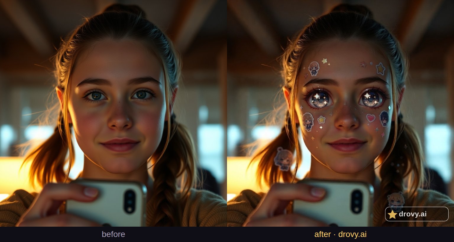 Anime Star Face & Eye Sticker Selfie before and after, example 3