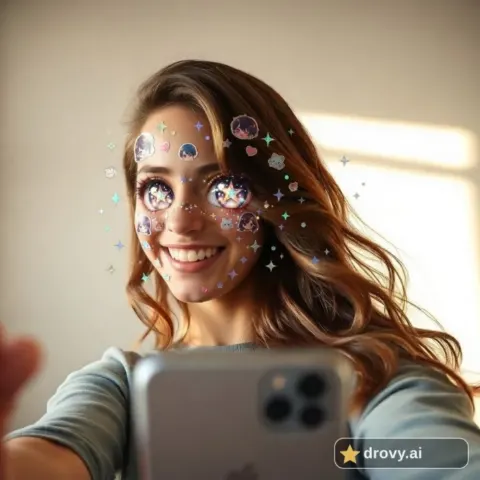 After: the same selfie with glossy anime star eyes, sparkle decals and small anime eye stickers across the cheeks (drovy.ai watermark)