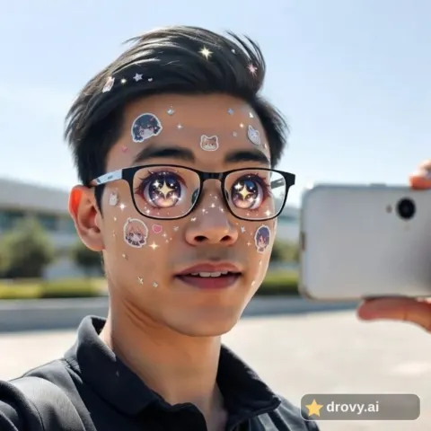 After: anime star face look with star-shaped sparkle eyes behind the glasses and anime eye stickers on the cheeks