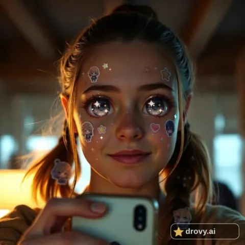 After: anime eyes filter result on the same selfie, with bright star eyes, sparkle decals and tiny stickers around the face
